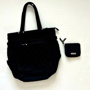 Vera Bradley Black Quilted Zebra Print Lining Tote Bag and Black Zip Wallet Set